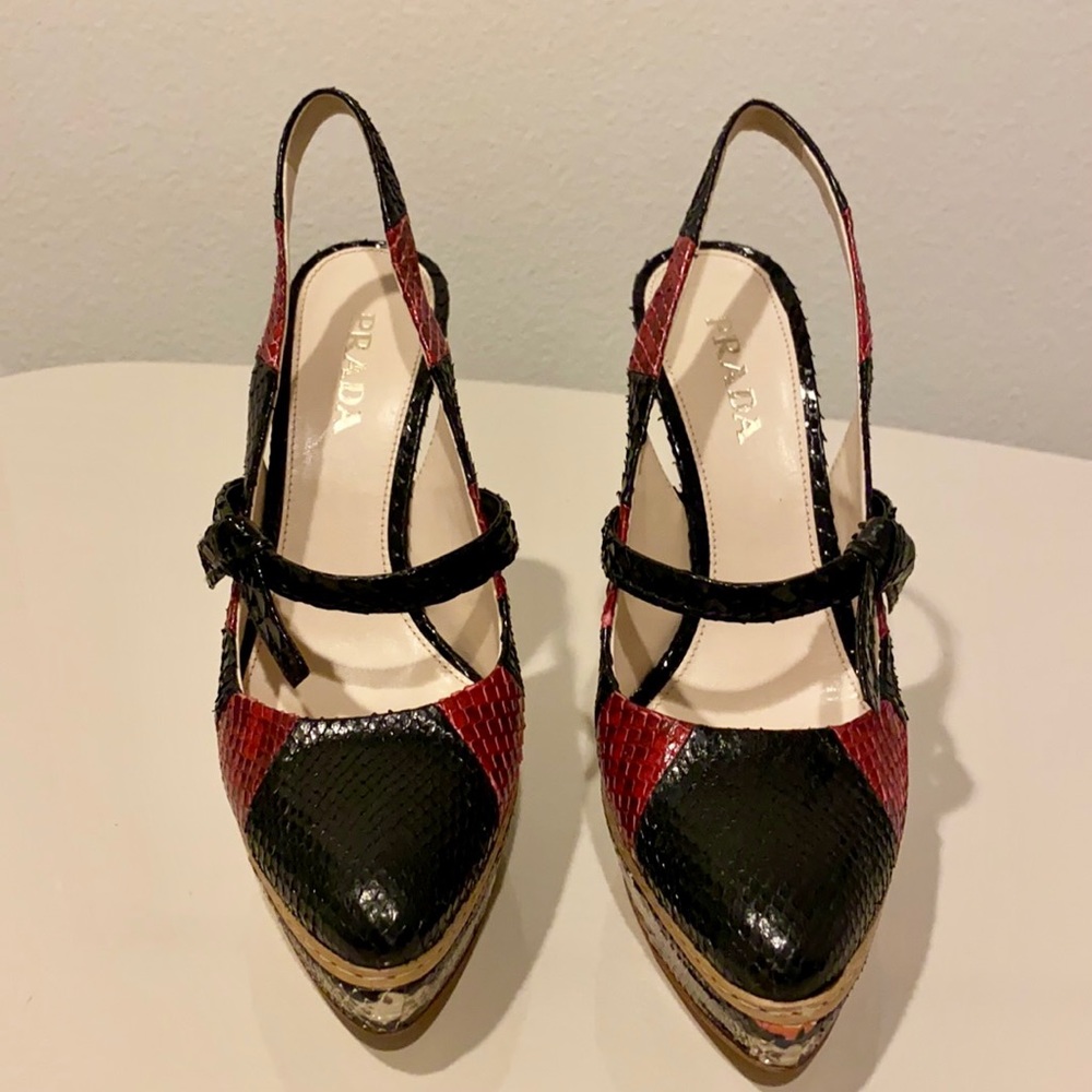 Prada Red and Black Python Skin Heels. - Picture 2 of 10